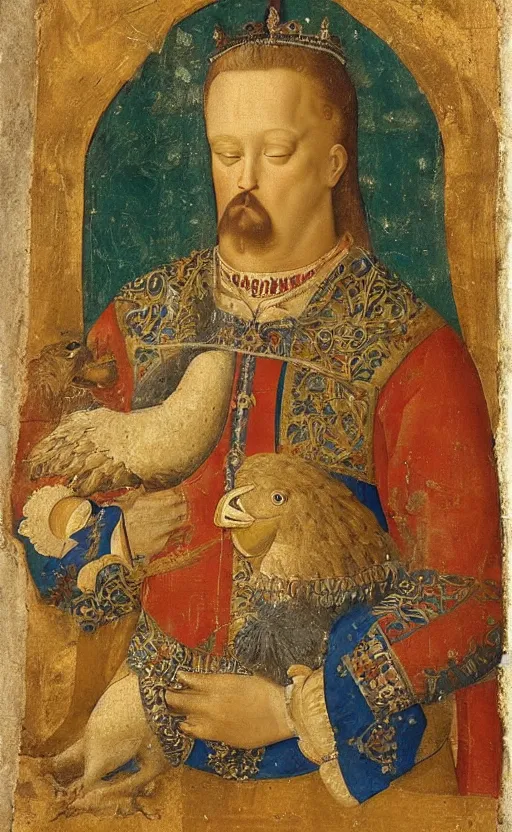 Image similar to portrait of a serbian king holding his pet dodo, painting, 1 5 th century, high quality,