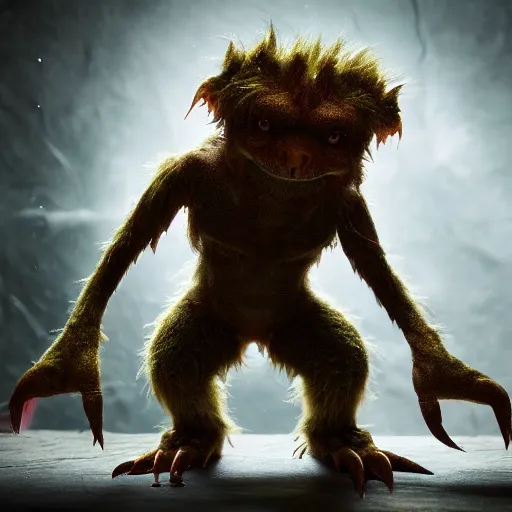 Image similar to full body pose, hyperrealistic photograph of a cute fuzzy goblin monster, dim volumetric lighting, 8 k, octane beautifully detailed render, extremely hyper detailed, intricate, epic composition, cinematic lighting, masterpiece, trending on artstation, very very detailed, stunning, hdr, smooth, sharp focus, high resolution, award, winning photo, dslr, 5 0 mm