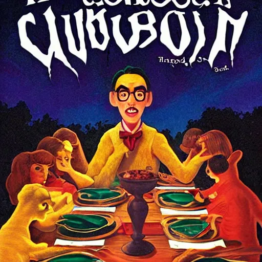 Prompt: goosebumps book cover, werewolf at supper, r l stine