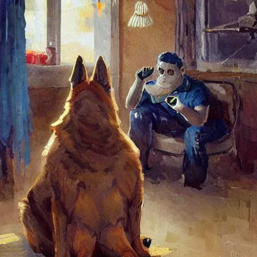 Image similar to a humanoid german shepherd beast - man, sitting and watching a soccer match in his house on television, he has hurt his knee and is a dad, by erin hanson, alexi zaitsev, karl spitzweg, award winning, tv set