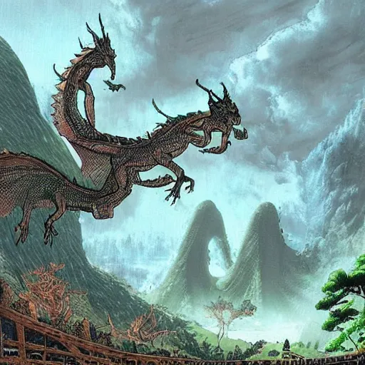 Prompt: “ epic dragon fighting scene over forest and ancient city by moebius and victo ngay ”