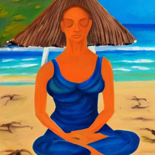 Image similar to freckled woman meditating on beach in caribbean, oil on canvas