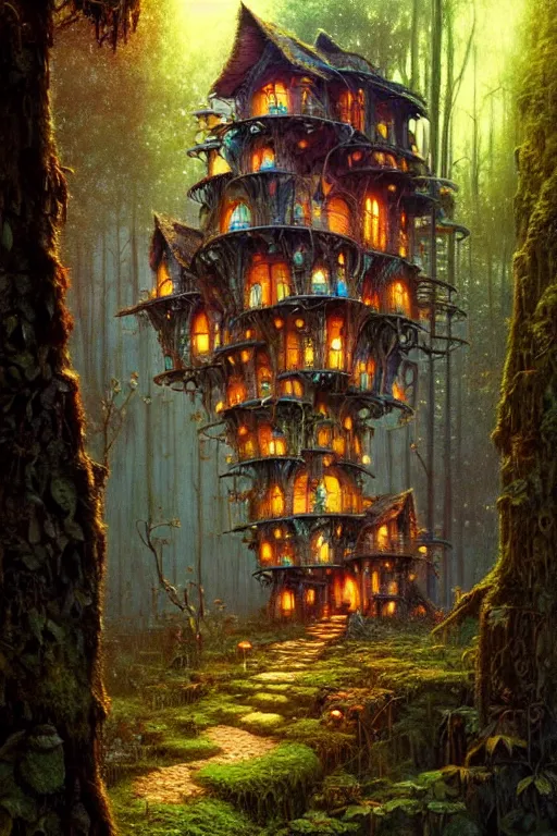 Image similar to a storybook style ramshackle multistory fairytale hut in the forest, by Bruce Pennington, intricate, elegant, fantasy, highly detailed, digital painting, concept art, sharp focus, artstation