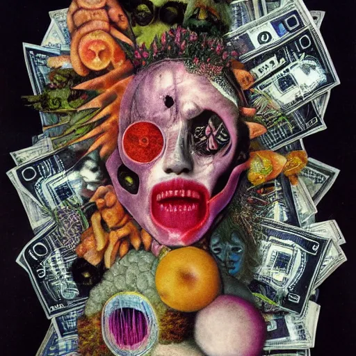 Image similar to post - punk new age album cover, asymmetrical design, dollar bank notes, capitalism, magic, apocalypse, psychedelic, black white pink, magic, giger h. r., giuseppe arcimboldo