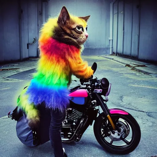 Image similar to wide angle full body, jacket wearing fluffy cute rainbow kitten wearing a black leather motorcycle jacket, cinematic concept art