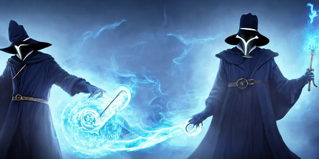 Image similar to action packed scene of a handsome plague doctor in a blue wizard robe who is a male sorcerer he is casting a spell that is emanating from his hands he is in a alchemist lab, action pose, medium shot, waist up, digital art, photoreal, 4 k, unreal engine 5, anime, d & d design, gta cover art