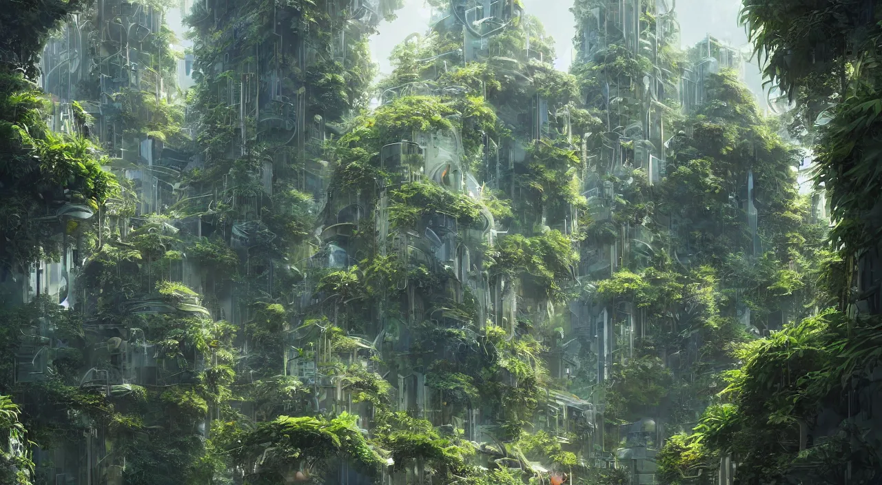 Prompt: A Futuristic skyscraper in Art Nouveau Architecture, movie concept art, Breath of the wilde, studio ghibli style, Lush vegetation with ferns, miyazaki, Craig Mullins dappled lighting, octane render, cinematic, photographic, realistic, highly detailed