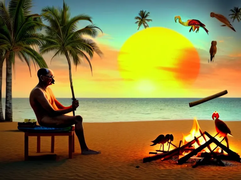 Image similar to gandhi sitting on a beach next to a campfire with palm trees in the back, holding a cigar, sunset, surrounded by different animals, parrots, turtle, lizard, crab, coconuts,, glorious lighting, epic environment, highly detailed, digital art, hyper realistic, beautiful, 8 k