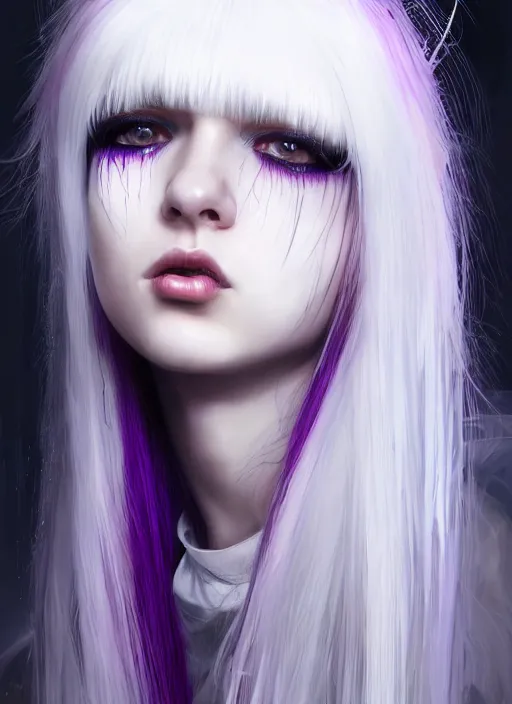 Image similar to hair whitebangs hair, black cyberlox, portrait of normal teenage girl, white bangs, messy bangs, fluffy bangs, cyberlox, whitebangs, red irises, purple background, intricate, elegant, highly detailed, digital painting, artstation, concept art, sharp focus, smooth, illustration, art by wlop, mars ravelo and greg rutkowski