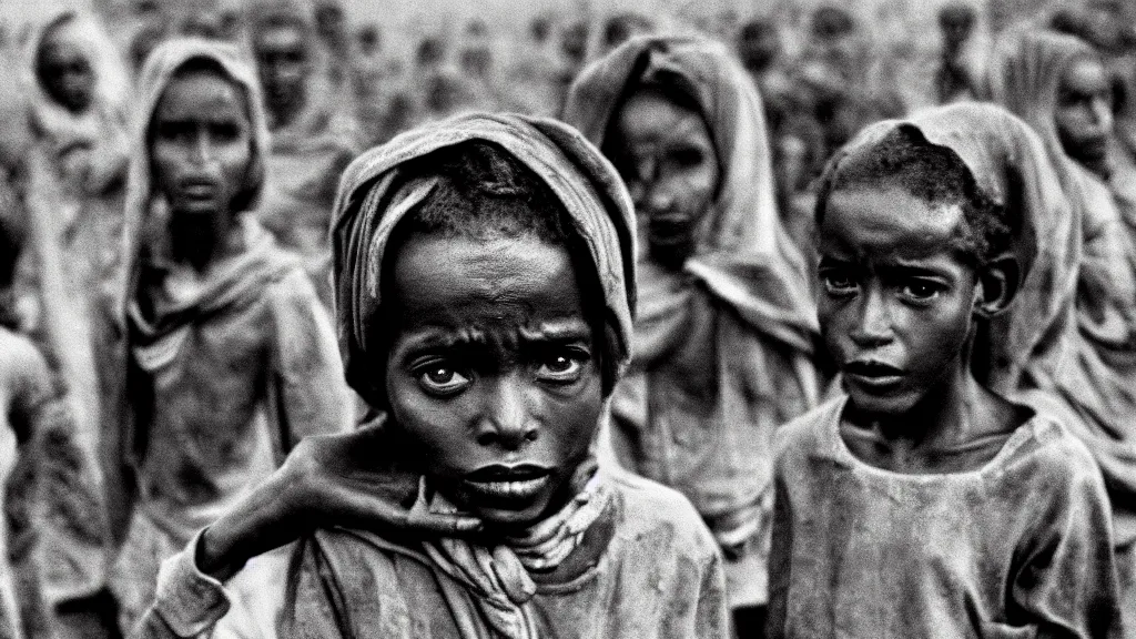 Prompt: 1984 Ethiopian famine and drought, moody, dark, portrait picture, movie scene, hd, 4k