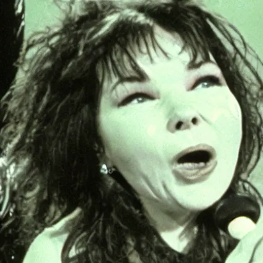 Prompt: VHS footage of Björk huffing poppers