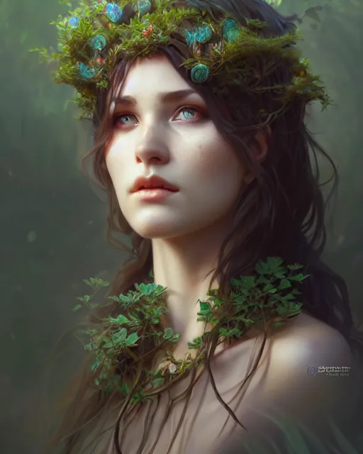 Image similar to beautiful female druid, portrait, fantasy, young, perfect eyes, detailed, sketch, intricate, leaves and simple cloth, dynamic lighting, digital art, digital painting, artstation, wlop, sharp focus, illustration, art by artgerm and greg rutkowski and alphonse mucha, 8 k