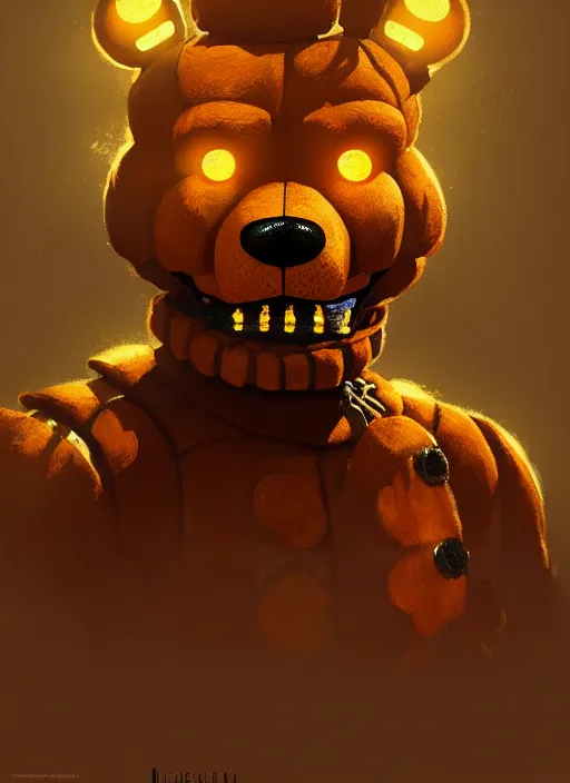 Image similar to portrait of freddy fazbear, intricate, elegant, glowing lights, highly detailed, digital painting, artstation, concept art, sharp focus, illustration, art by wlop, mars ravelo and greg rutkowski