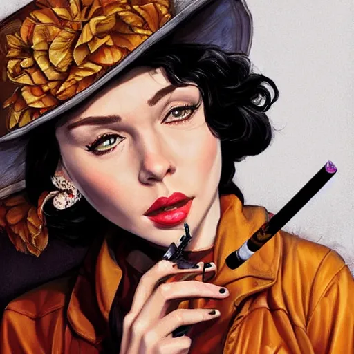 Prompt: a beautiful woman smoking a cigarette as a bandit, highly detailed, sharp focus, digital painting, artwork by martine johanna + joe jusko + Victor Adame Minguez + Yuumei + Tom Lovell + Sandro Botticelli