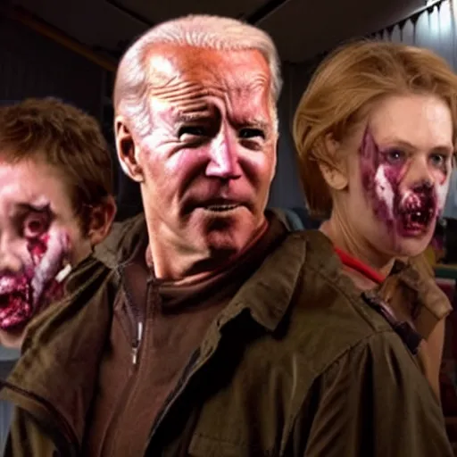 Image similar to a still shot from the movie 28 days later, with infected Joe Biden and Ethan Van Sciver zombies