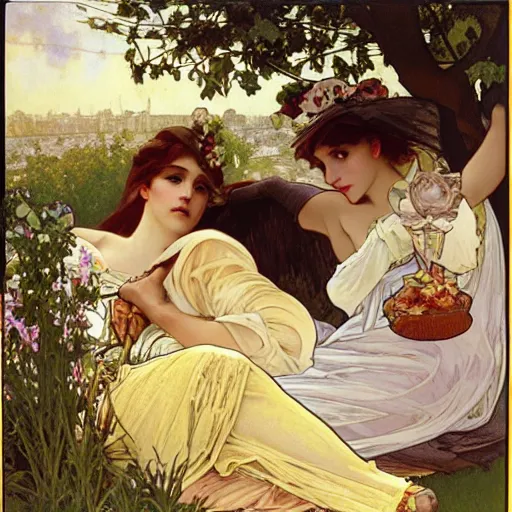 Image similar to a Taxi-Cab-Lunch-Picnic, spread-across-the-hood, romantic luncheon art by alphonse mucha and Monia Merlo and Raymond Swanland