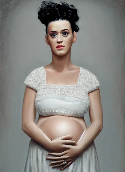 Prompt: cinematic portrait of pregnant katy perry in a white dress, intricate, elegant, by alyssa monks, highly detailed, smooth, sharp focus symmetrical face, fine details, masterpiece, trending on artstation