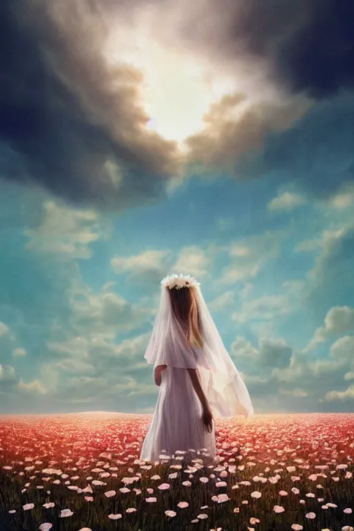 Image similar to giant white daisy flower crown head, veil girl walking in a flower field, surreal photography, sunrise, dramatic light, impressionist painting, colorful clouds, digital painting, artstation, simon stalenhag