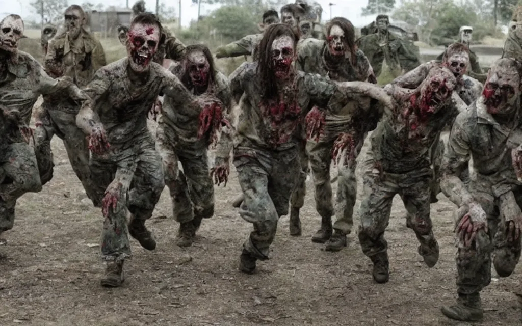 Prompt: a group of zombies rushed into the military base. ， film quality.