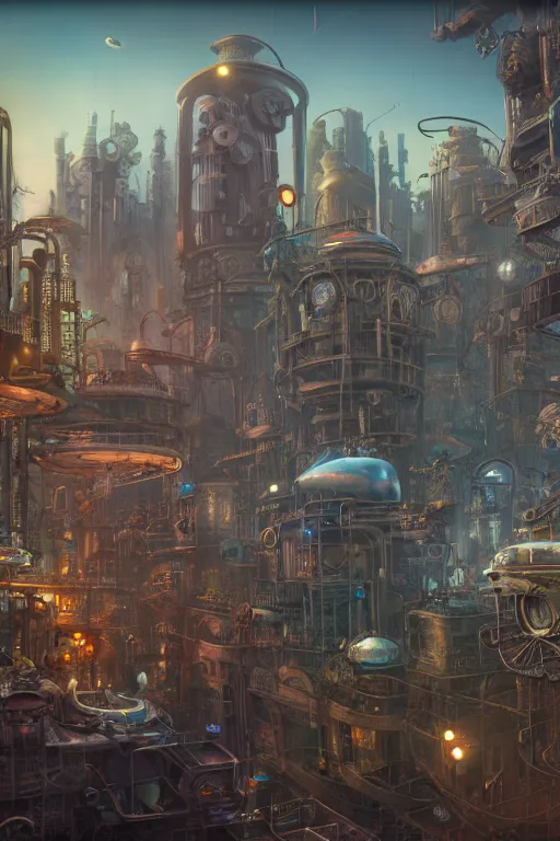 Prompt: a dashboard view of an overpopulated steampunk sci-fi city, ultra hd, design by Mark Ryden and Pixar and Hayao Miyazaki, unreal 5, DAZ, hyperrealistic, octane render, cosplay, RPG portrait, dynamic lighting, intricate detail, summer vibrancy, cinematic