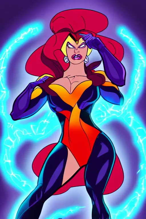 Prompt: a supervillainess with atomic powers, glowing energy effects, full color digital illustration in the style of don bluth, artgerm, artstation trending, 5 k