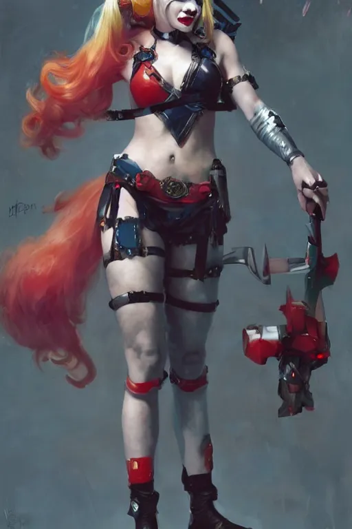 Prompt: portrait of cute Harley Quinn in bikini armor, dc comics, cyberpunk, Warhammer 40000, dark fantasy, digital art from artstation by Ruan Jia and Mandy Jurgens and Artgerm and william-adolphe bouguereau