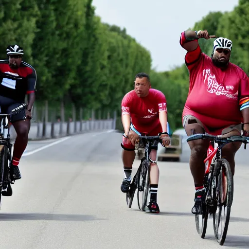 Image similar to obese r kelly and kanye west cycling the tour the france