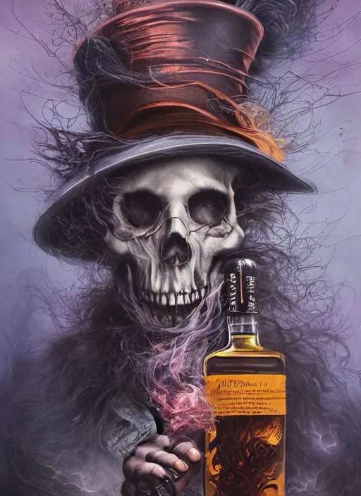 Image similar to Mad hatter big cloud of smoke, bottle of whisky, guitar, lightning,death tarot card,highly detailed,half skull face,cinematic,8k,by Stanley Artgermm,Tom Bagshaw,Greg Rutkowski,Carne Griffiths, Ayami Kojima, Beksinski, Giger,trending on DeviantArt,hyper detailed,horror, full of colour