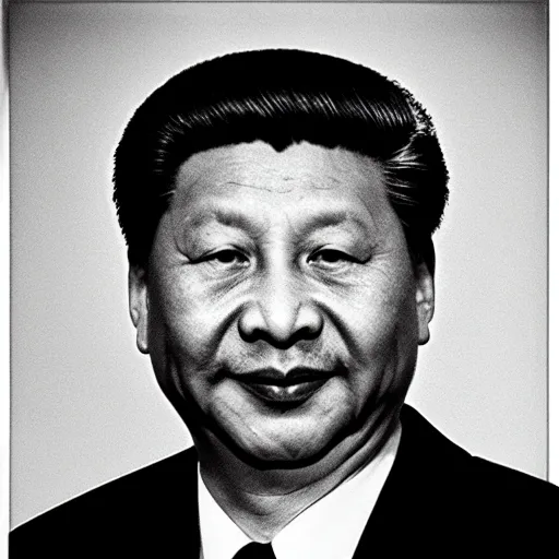 Image similar to photo of Xi Jinping by Diane Arbus, extreme closeup, black and white, high contrast, Rolleiflex, 55mm f/4 lens