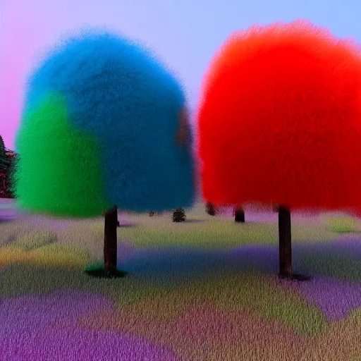Prompt: Colorful fluffy trees made of fur in a field, Blender render, volumetric lighting