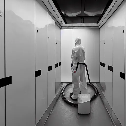 Prompt: decontamination chamber, modern art installation, moma, extremely detailed, black and white photograph