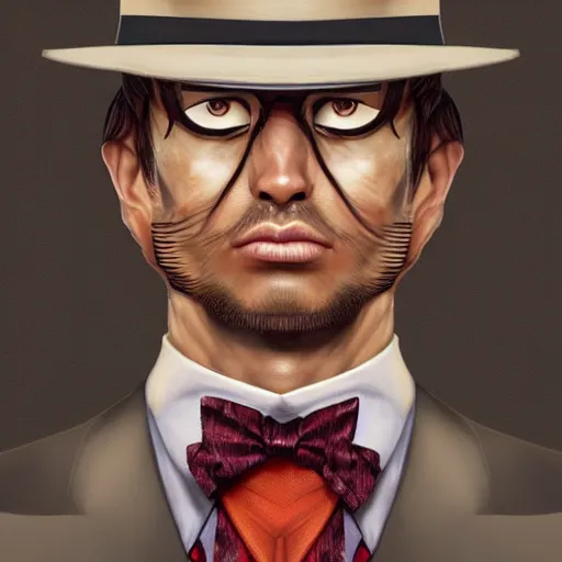 Prompt: a upper body portrait of a deer lord in a pinstriped suit and pants wearing a fedora and a monocle over the left eye by artgerm and wlop, intricate detail, digital art, photorealistic, trending on artstation