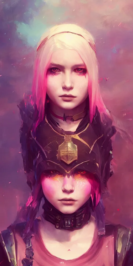 Prompt: A beautiful colorful portrait of a gothic warrior Girl, oil painting, final fantasy, Greg Rutkowski, Ilya Kuvshinov, blade runner, star wars, unreal 5, hyperrealistic, octane render, fullbody , dynamic lighting, fantasy art, Kilian Eng