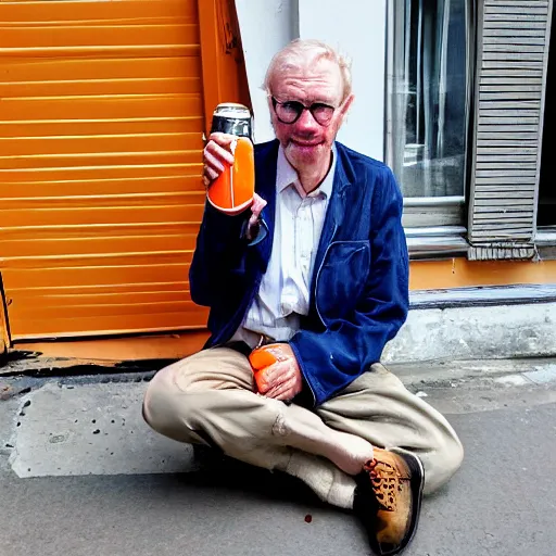 Image similar to hugh hopper holding an orange and a diet pepsi sitting on a street corner