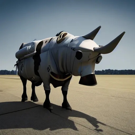 Image similar to a highly detailed ultra realistic photograph of a cow dressed in a fighter jet jumpsuit and mask