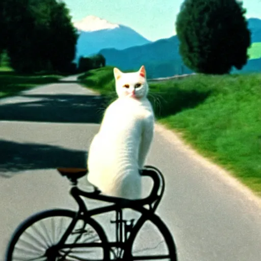 Image similar to a white cat riding a bicycle, austria, film still, sound of music, 4 k, 8 k