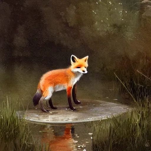 Prompt: a portrait of a cute fox drinking from a pond, by stanley lau and greg rutkowski