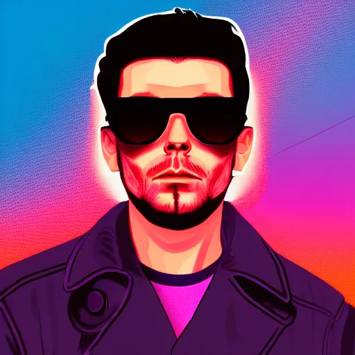 Prompt: 3 / 4 view closeup portrait of johnny silverhand with light blue shutter shades in front of a sunset, a dark purple leather jacket, vector art by jan tengnagel, pixabay contest winner, retrofuturism, retrowave, synthwave, outrun, portrait, synthwave