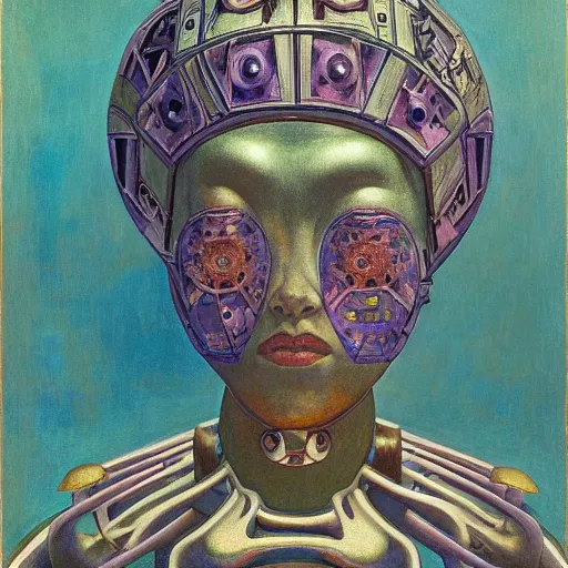 Prompt: robot queen with human eyes, by annie swynnerton and diego rivera and lucien freud and jean delville, symbolist, dramatic lighting, elaborate geometric ornament, art brut, soft pastel colors, smooth, sharp focus, extremely detailed, adolf wolfli, leo and diane dillon, nicholas roerich, donato giancola