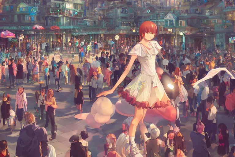 Prompt: Digital anime art by WLOP and Mobius, Town square, a dancing girl performs, happy smile, coins around her feet, large crowd, highly detailed, bright sunshine and lighting