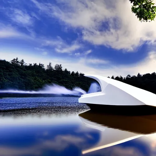 Prompt: modern boat floating on a lake, waterfalls in the background, water reflections, very detailed photography, 4K, wallpaper, beautiful natural scenery