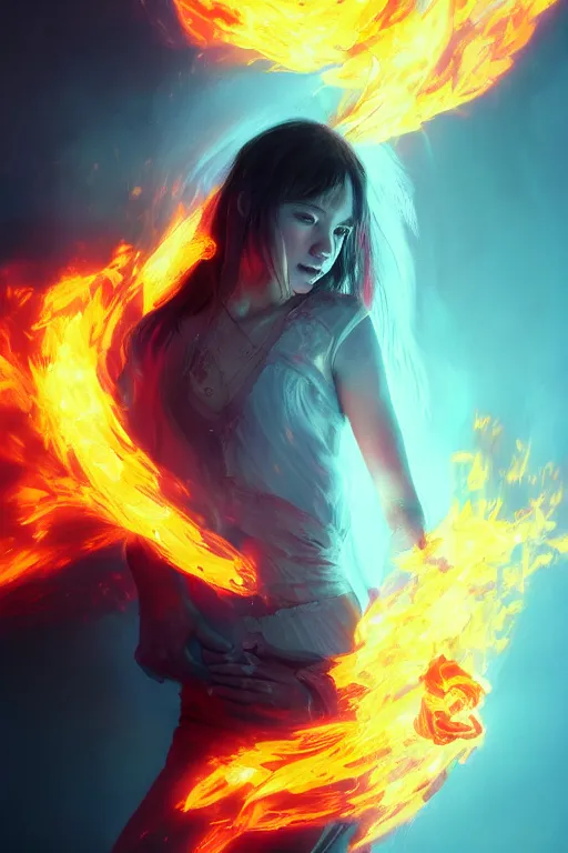 Prompt: a fancy portrait of a young Demon girl engulfed in coloured flames by Greg Rutkowski, Sung Choi, Mitchell Mohrhauser, Maciej Kuciara, Johnson Ting, Maxim Verehin, Peter Konig, final fantasy , 8k photorealistic, cinematic lighting, HD, high details, atmospheric , trending on artstation