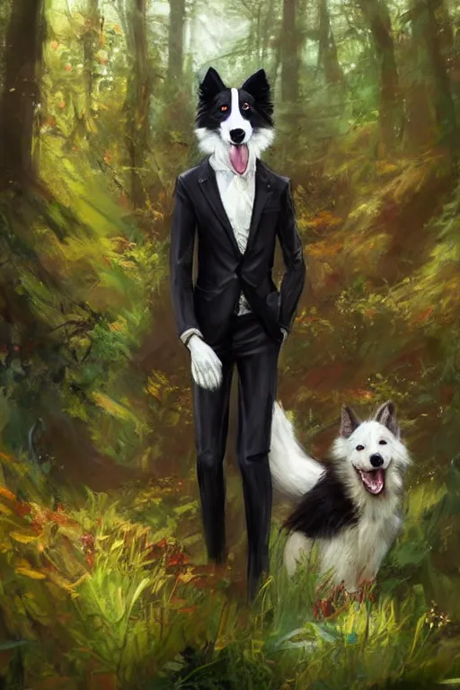 Image similar to portrait of a cute anthro male anthropomorphic border collie fursona wearing a suit in a sunny glade. by henry asencio, jon foster, and ross tran. scenic background, highly detailed, concept art, furry, glamor pose, elegant, aesthetic, beautiful, trending on artstation, top rated on furaffinity and deviantart