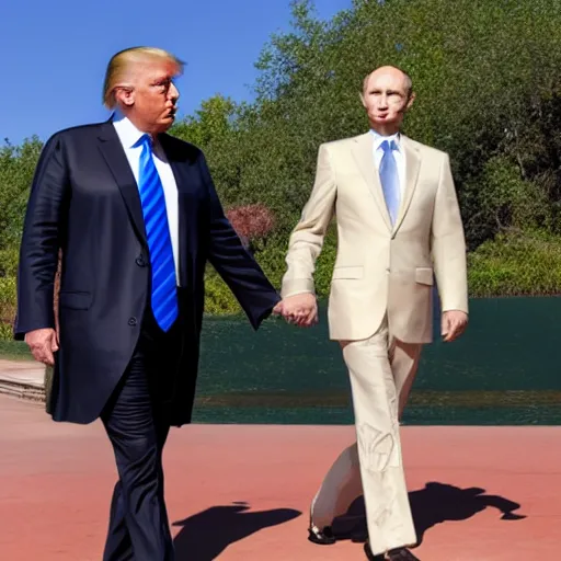 Prompt: Donald trump and Vladimir Putin holding hands walking in Disney world together, 8k, very detailed