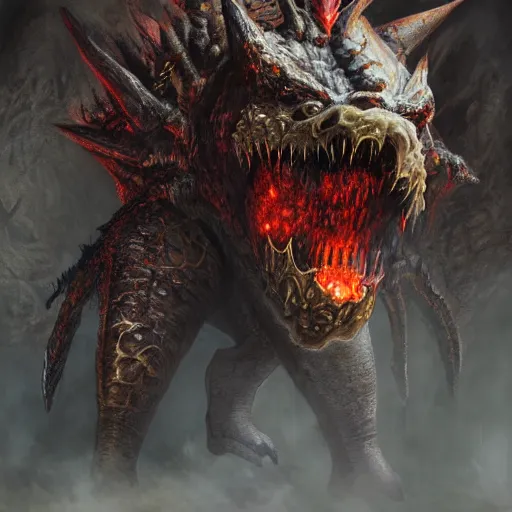 Image similar to concept art of bowser with huge horns and scales and talons in a ruined kingdom, resident evil, horror, occult, terror, mist, volumetric render, digital painting, detailed painting