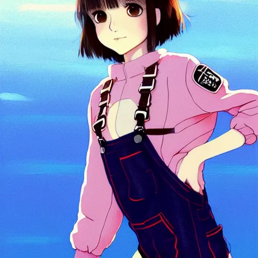 Image similar to a beautiful! boyish! natalie portman alluring gravure! model, wearing oversized mayan bomber jacket and leotard with overalls, bulky poofy bomber jacket with mayan patterns, gapmoe yandere grimdark, trending on pixiv fanbox, painted by greg rutkowski makoto shinkai takashi takeuchi studio ghibli, akihiko yoshida