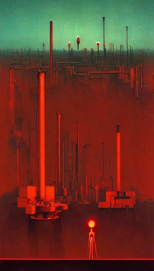 Image similar to a giant weird industrial zone with strange lights in the background, in the style of beksinski, by edward hopper and rodcenko and yue minjun and cory loftis, intricate and epic composition, red by caravaggio, highly detailed, masterpiece, artstation, art nouveau