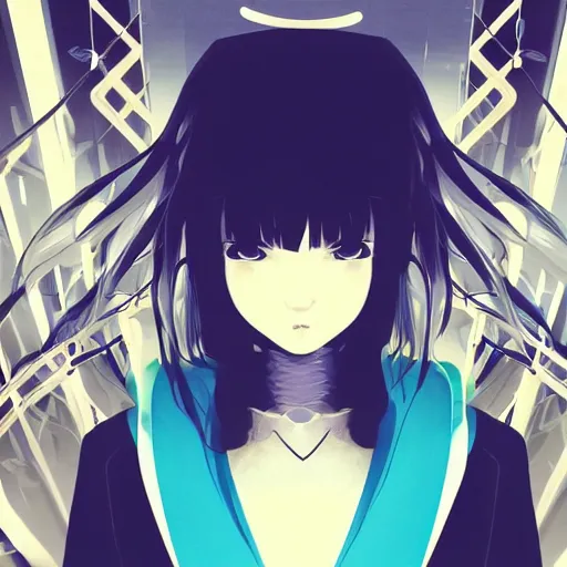 Image similar to Frequency indie album cover, luxury advertisement, blue filter, blue and black colors. Clean and detailed post-cyberpunk sci-fi close-up schoolgirl in asian city in style of cytus and deemo, blue flame, relaxing, calm and mysterious vibes, by Tsutomu Nihei, by Yoshitoshi ABe, by Ilya Kuvshinov, by Greg Tocchini, nier:automata, set in half-life 2, GITS, Blade Runner, Neotokyo Source, Syndicate(2012), dynamic composition, beautiful with eerie vibes, very inspirational, very stylish, with gradients, surrealistic, dystopia, postapocalyptic vibes, depth of field, mist, rich cinematic atmosphere, perfect digital art, mystical journey in strange world, beautiful dramatic dark moody tones and studio lighting, shadows, bastion game, arthouse