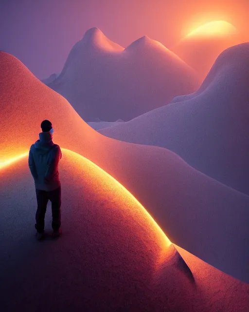 Image similar to a man standing in the middle of a mountain looking at a glowy shape, a render by filip hodas, behance contest winner, environmental art, rendered in cinema 4 d, volumetric lighting