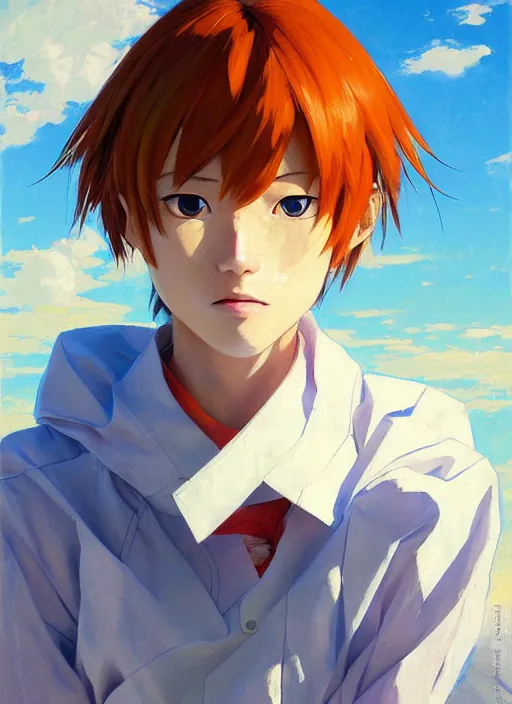 Image similar to portrait of Asuka Soryu Langley from Neon Genesis Evangelion, countryside, calm, fantasy character portrait, dynamic pose, above view, sunny day, thunder clouds in the sky, artwork by Jeremy Lipkin and Giuseppe Dangelico Pino and Michael Garmash and Rob Rey, very coherent asymmetrical artwork, sharp edges, perfect face, simple form, 100mm